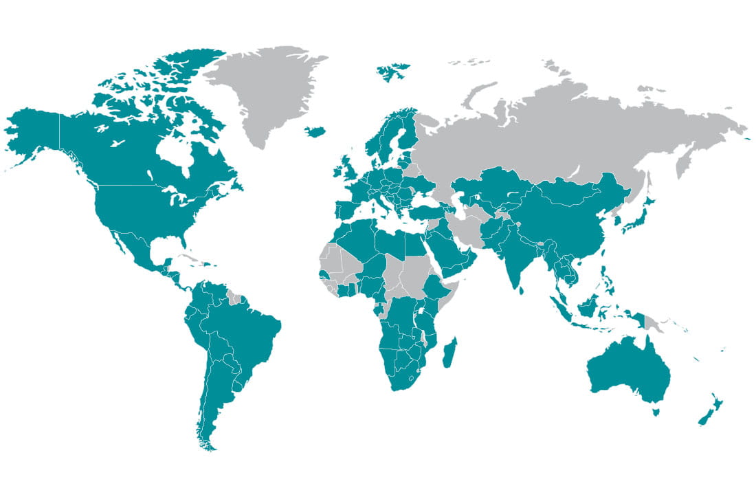 Infographic map highlighting in teal all of the countries that Plante Moran operates in.